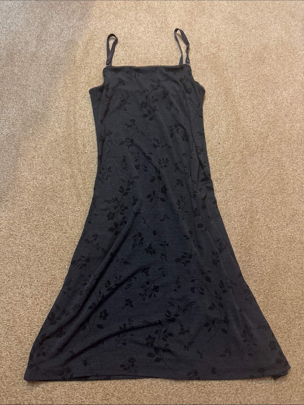 The Limitrd Grunge Grey and Black Floral Midi Slip Dress with Spaghetti Straps